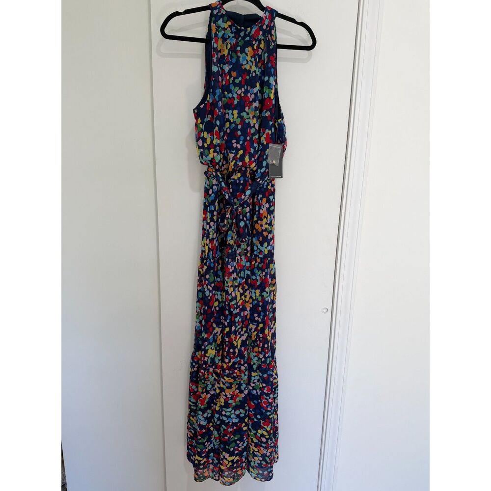 Julia Jordan Navy Multicolor Confetti Dot Halter Tiered Maxi Dress Size 8 NWT